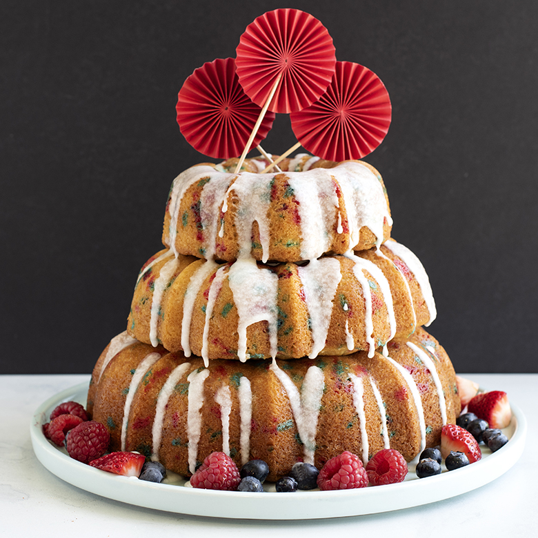 Confetti Bundt Cakes with Vanilla Glaze and Berries