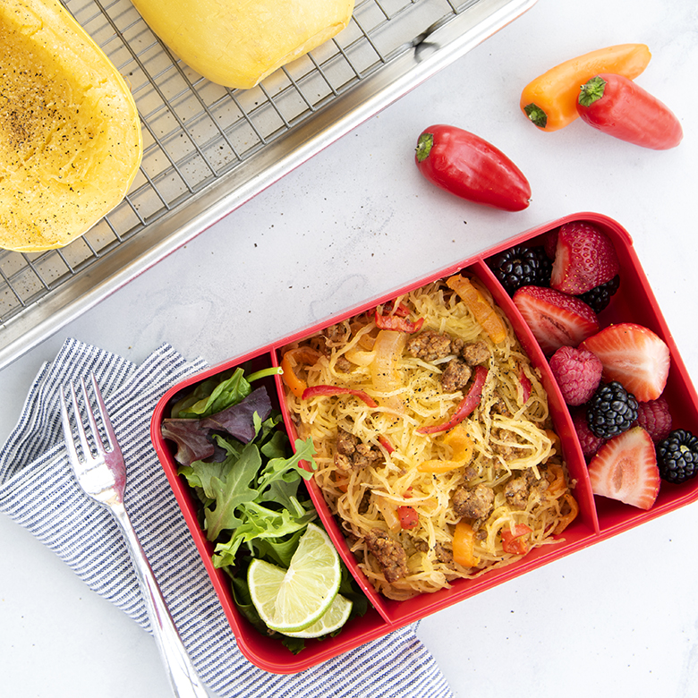 Roasted Spaghetti Squash with Sautéed Chorizo, Peppers, and Onion