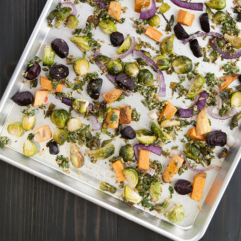 Roasted Fall Vegetables with Sunflower and Herb Gremolata