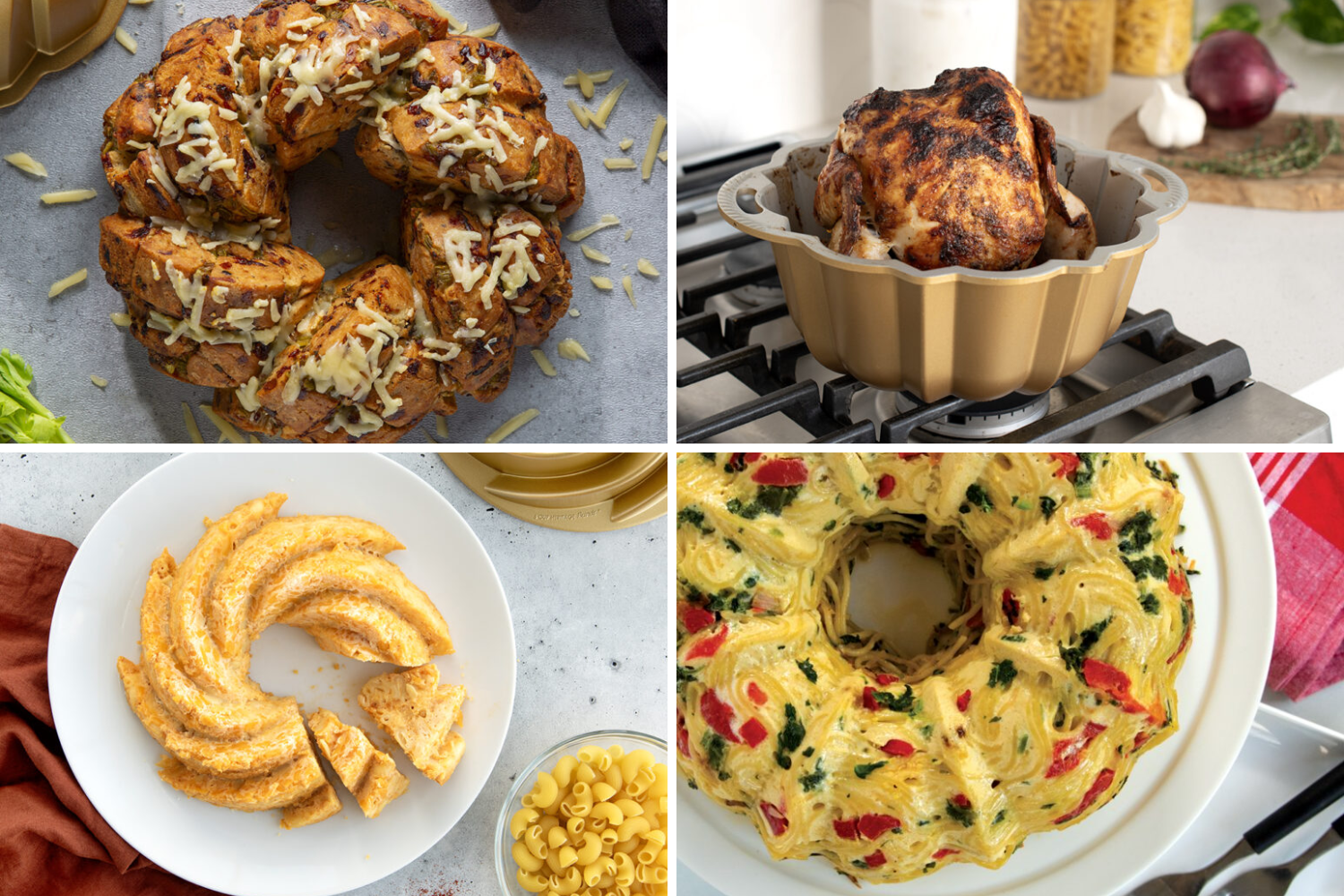 Four different savory Bundt® recipes including a squash pull-apart bread, mac and cheese Bundt, Chicken in a Bundt Pan, and Spaghetti Florentine Bundt.