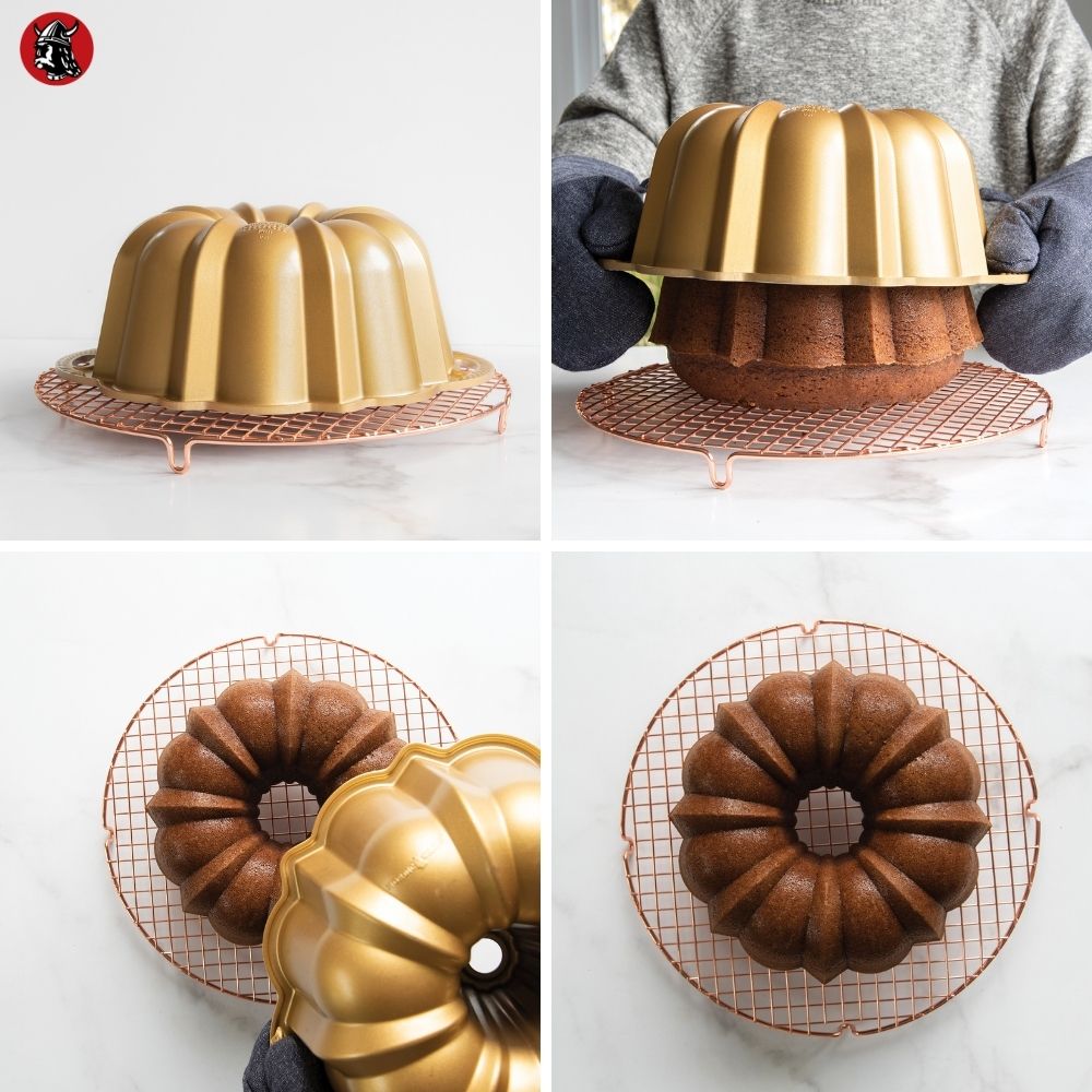 Four images of steps to reveal Bundt cake on cooling rack