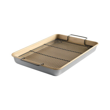 Nordic Ware nonstick aluminum baking tray with high sides, rectangular shape, dark gray coating