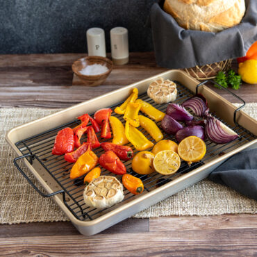 Nonstick High-Sided Oven Crisp Baking Tray  with roasted veggies