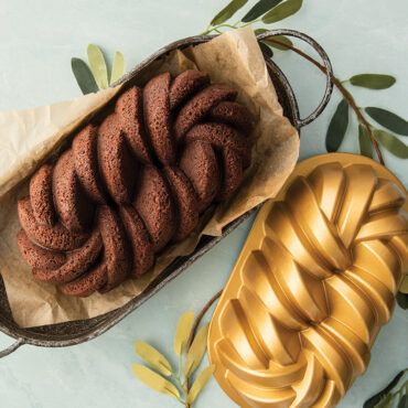 Baked 75th Anniversary Braided Loaf cake and the Bundt pan.