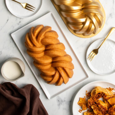 plated golden loaf baked in nordic ware braided loaf pan with twisted rope design
