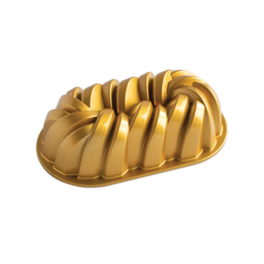 Nordic Ware gold aluminum braided loaf pan with decorative woven pattern design and rectangular shape