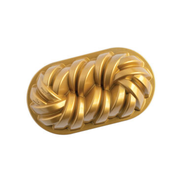 Nordic Ware gold aluminum braided loaf pan with decorative woven pattern design and rectangular shape