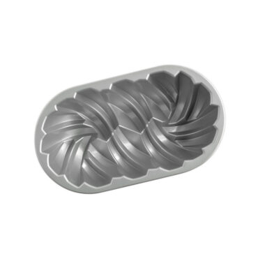 Nordic Ware aluminum braided loaf pan with decorative woven pattern design and silver nonstick interior