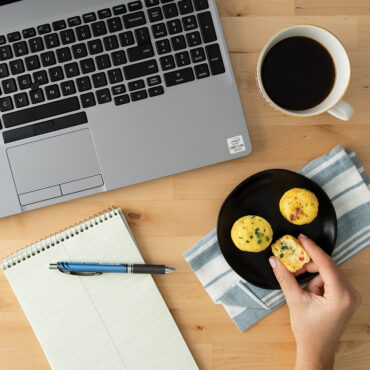 Microwaved Egg bites with coffee and laptop