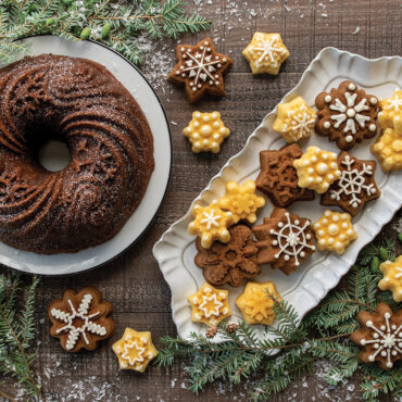 Baked Let it Snow Bundt Cake with baked Frosty Flakes bites cakes