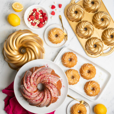 Golden swirl bundt cake and cakelettes baked in Nordic Ware aluminum swirl bundt and buntlette pans