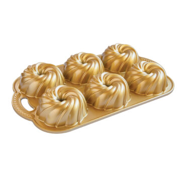 Nordic Ware aluminum Bundtlette pan with six swirl-patterned cavities, silver finish, side view
