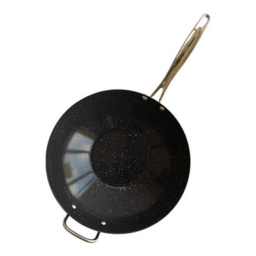 An image of a 14-inch wok with a speckle ceramic coating on white background overhead. The wok features a nonstick surface and is perfect for stir-frying and cooking delicious meals.
