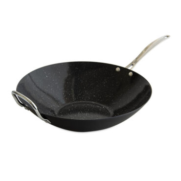 An image of a 14-inch wok with a speckle ceramic coating on white background. The wok features a nonstick surface and is perfect for stir-frying and cooking delicious meals.