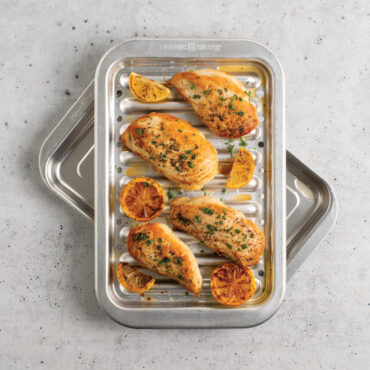 roasted chicken on Nordic Ware natural aluminum broiler pan with slotted rack