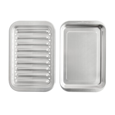 Nordic Ware aluminum broiler pan set with ribbed rack and rectangular drip tray, natural silver finish
