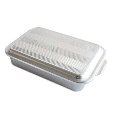 Pan with Embossed Lid White sweep, side view