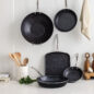 Basalt Ceramic Cookware Collection featuring 5 pieces in a beauitful kitchen scene. Made without PFAS and aluminum contruction.