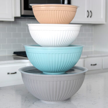 stacked 8 piece bowl set in kitchen