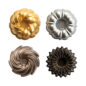 Four Bundt magnets on white background in 4 different Bundt shapes in Gold, Bronze, Silver, and Toffee colors