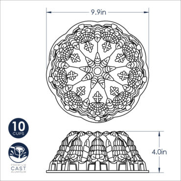 image of the dimensions of the Very Merry Bundt Cake Pan.
