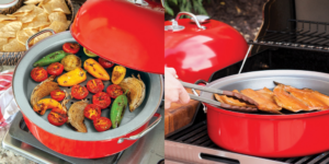 One images on smoked veggies on smoker on stovetop and one image of smoked trout on smoker on grill