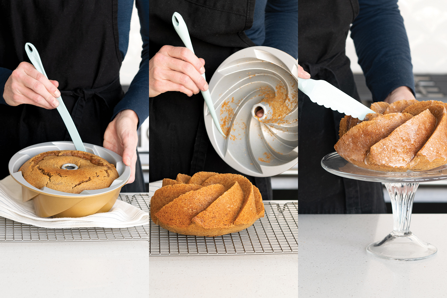 Different uses for the Bundt® finishing tool kit including extracting the cake from the pan and slicing the Bundt® cake.