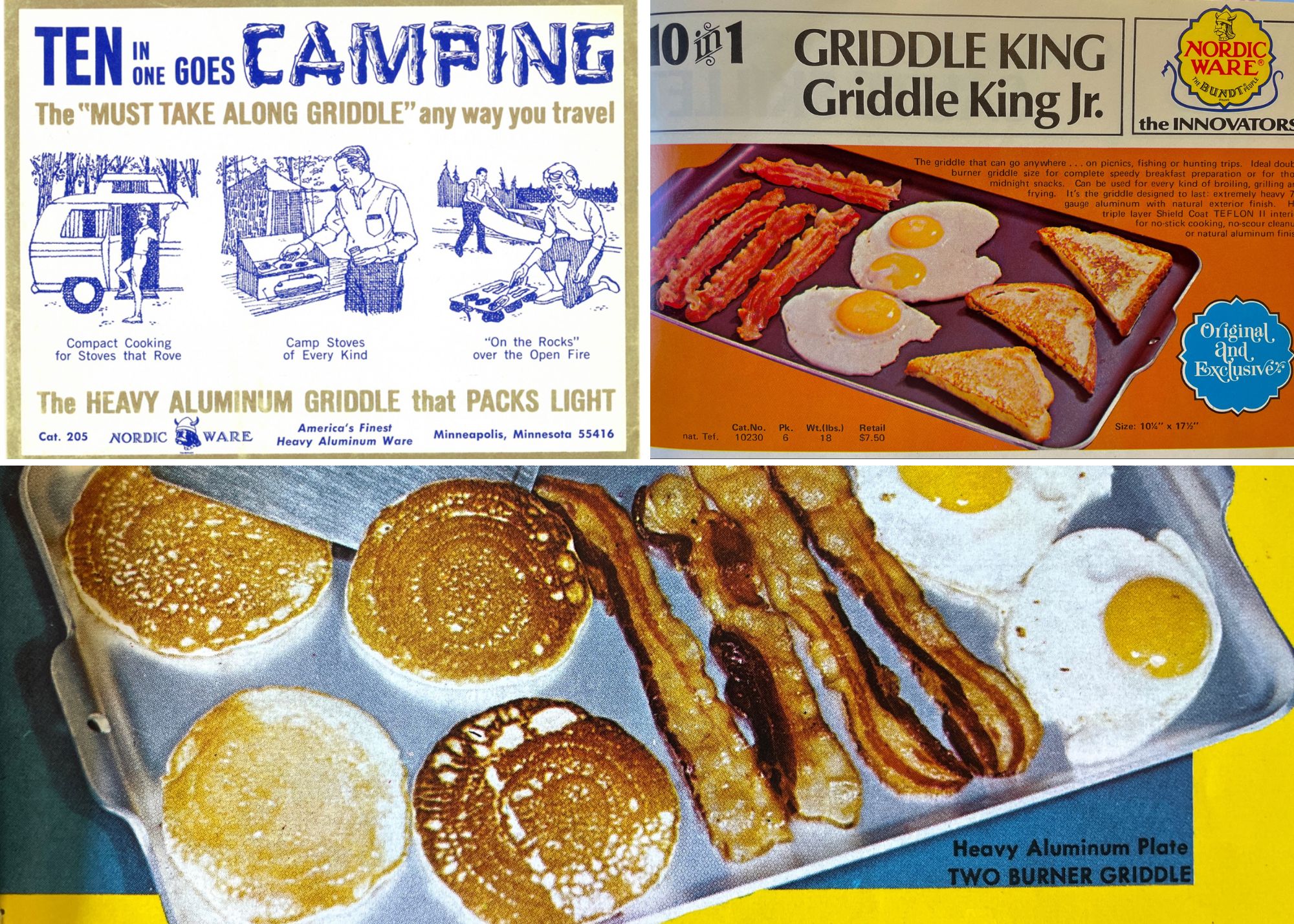 Collage of old Nordic Ware griddle images from catalogs, vinage