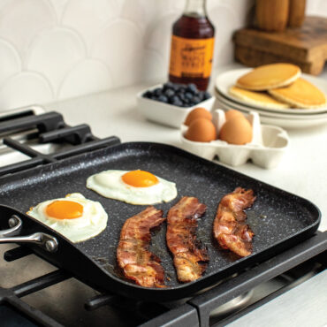 Ceramic nonstick 11" square griddle with eggs and bacon