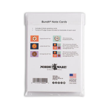 The backside of Nordic Ware Bundt greeting cards set in clear plastic packaging showcasing what is in the set.