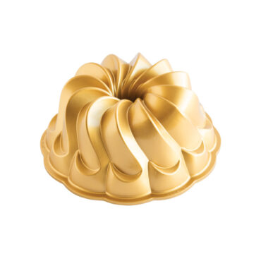 Nordic Ware Pirouette cast aluminum bundt pan with elegant swirled fluted design and golden exterior