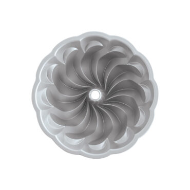 Nordic Ware Pirouette Bundt pan interior view, aluminum with intricate swirled fluted pattern design
