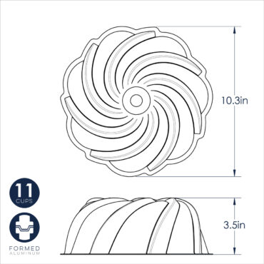Nordic Ware Formed Swirl Bundt pan, aluminum with intricate spiral ridged design, silver finish