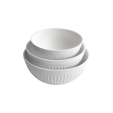Nordic Ware 3 piece white prep and serve 5 quart, 3.5 quart and 2 quart bowls on white background