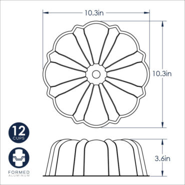 Nordic Ware 12-cup aluminum bundt pan with formed fluted design, natural silver finish, empty