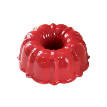 Nordic Ware 12-cup bundt pan in poppy red aluminum with classic fluted design and center tube