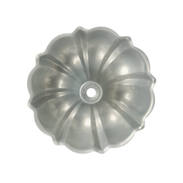 Nordic Ware aluminum bundt pan with fluted design, silver interior, 12-cup capacity baking mold