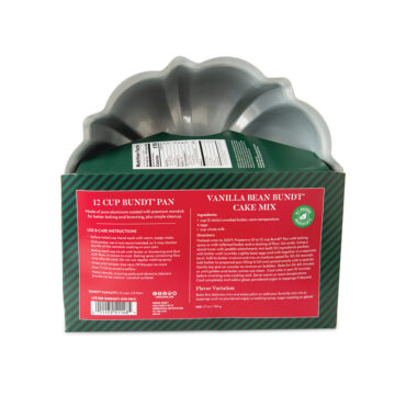 Back of Nordic Ware 12-cup formed bundt pan packaging showing product details and vanilla bean cake mix