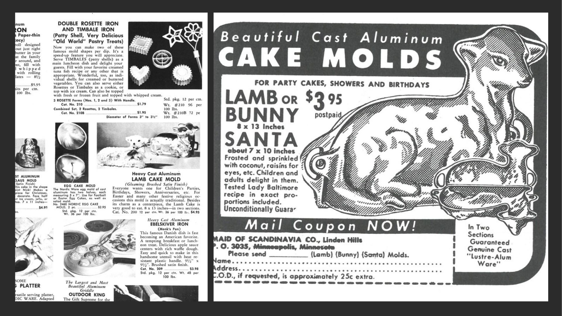 Collage image of vintage Nordic Ware catalog pages and coupons highlighting the lamb cake pan and other Nordic Ware products