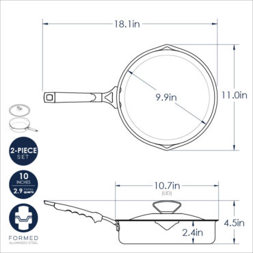Nordic Ware Verde 10-inch ceramic nonstick skillet with lid, dimensional drawing showing measurements