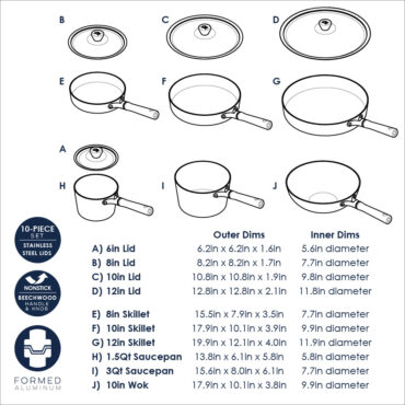 Technical diagram showing dimensions and measurements for Nordic Ware Cardamom 10-piece nonstick cookware set