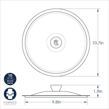 Technical dimensional drawing of Nordic Ware 10-inch stainless steel cardamom pot lid with measurements