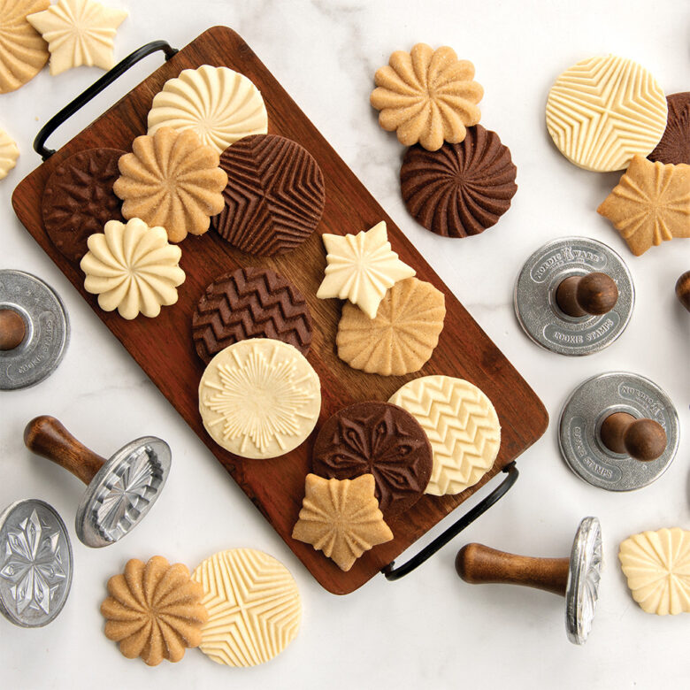 Image of baked cookie stamps in different Nordic Ware designs