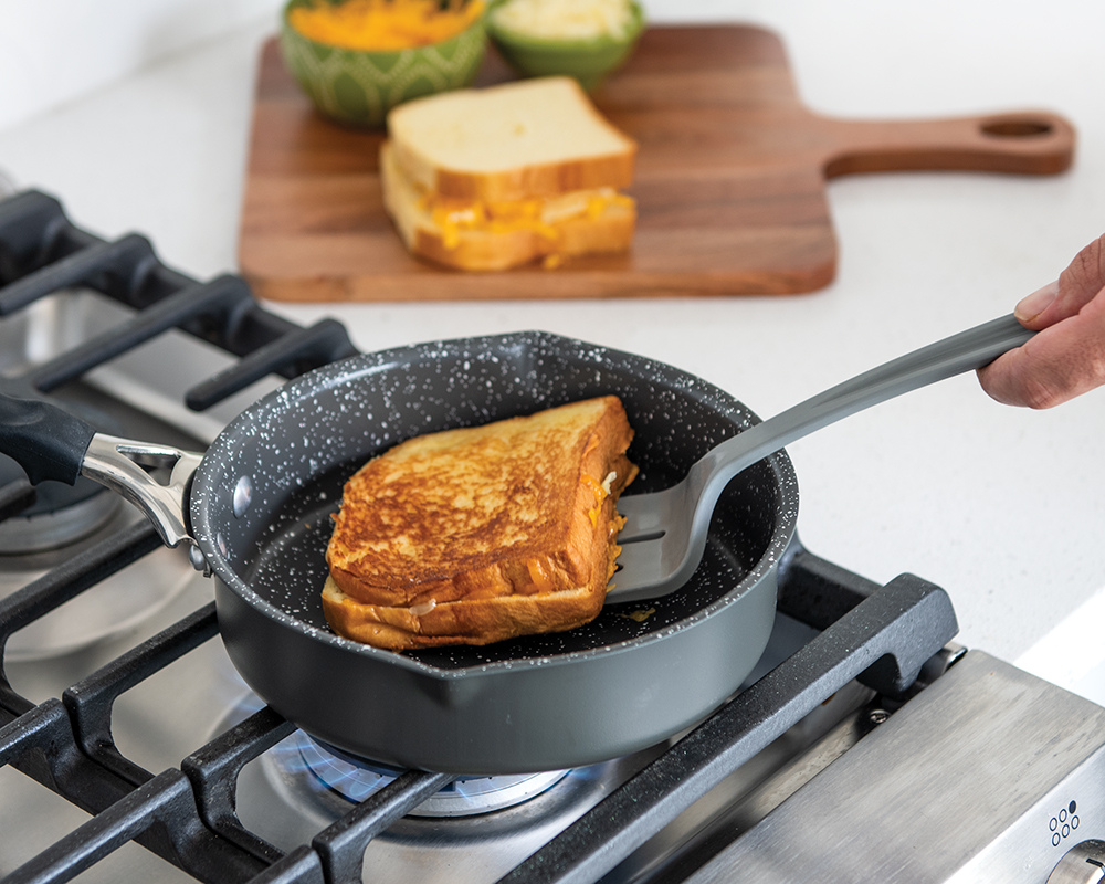 Making a grilled cheese in a Verde 8 Inch Ceramic Nonstick Skillet Pan on the stovetop. 