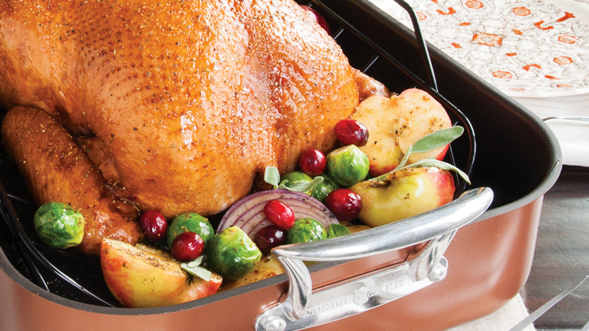 Cooked Thanksgiving Turkey and vegetables in Extra Large Copper Roaster with Rack