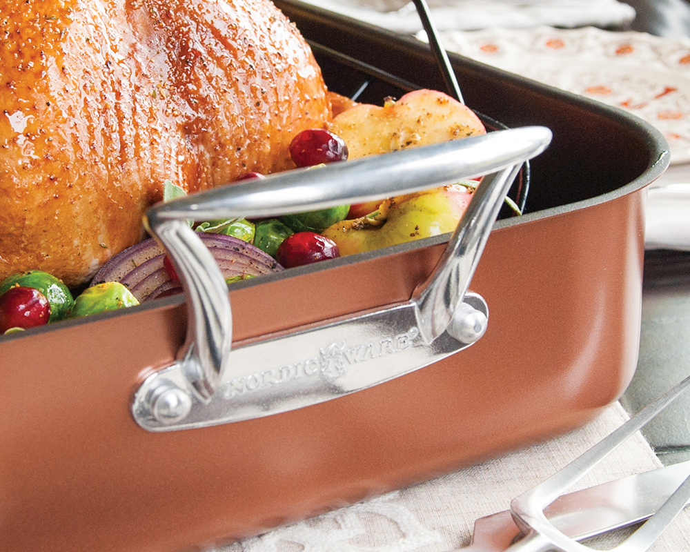 Cooked Thanksgiving Turkey and vegetables in Extra Large Copper Roaster with Rack