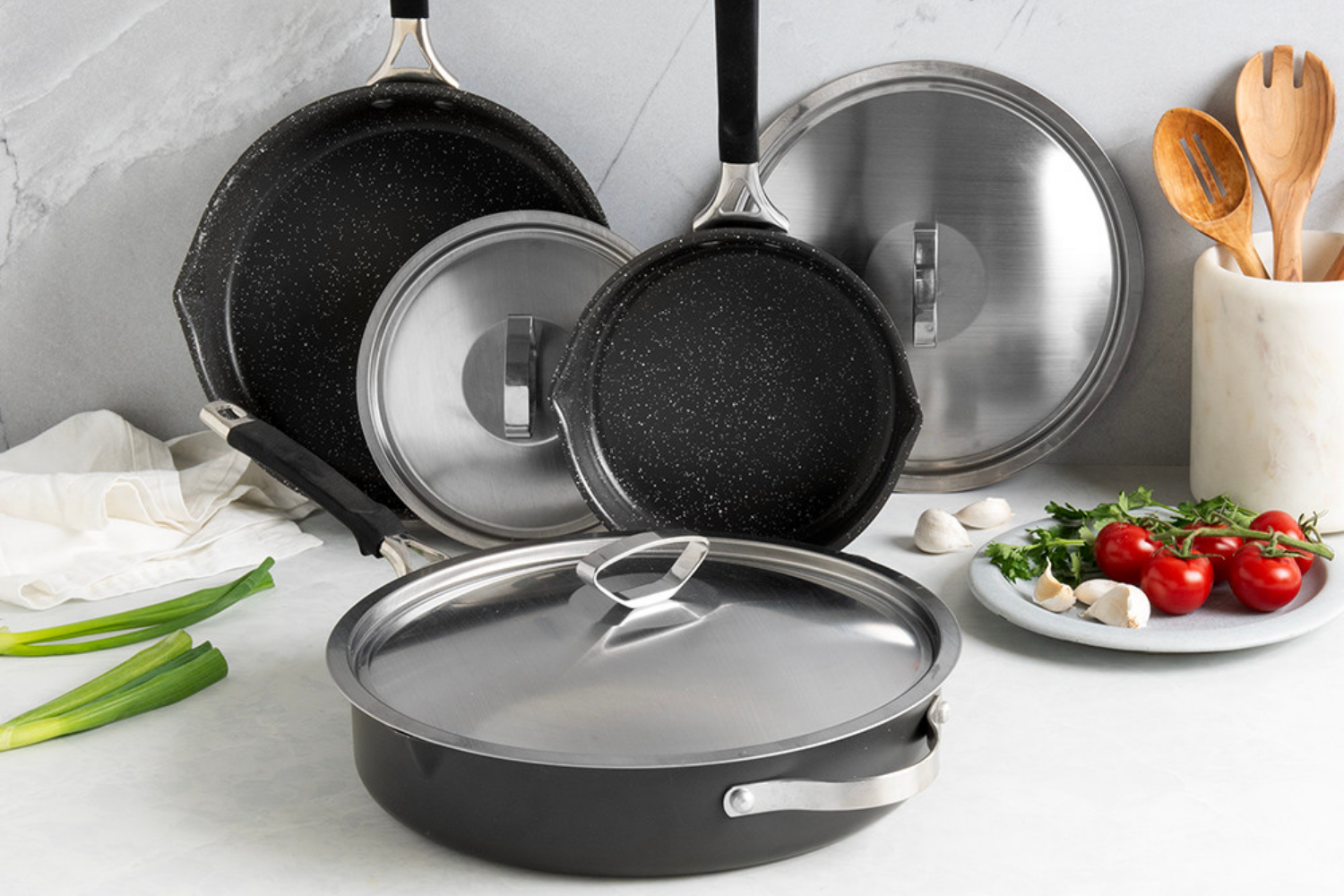 Verde 6 Piece Ceramic Nonstick Skillet & Lid Set in a kitchen.