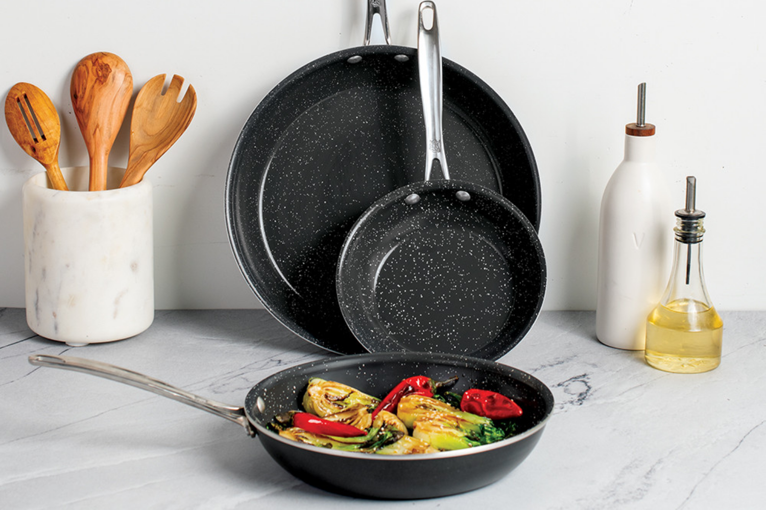 Basalt 3 Piece Frying Pan Set in a kitchen.