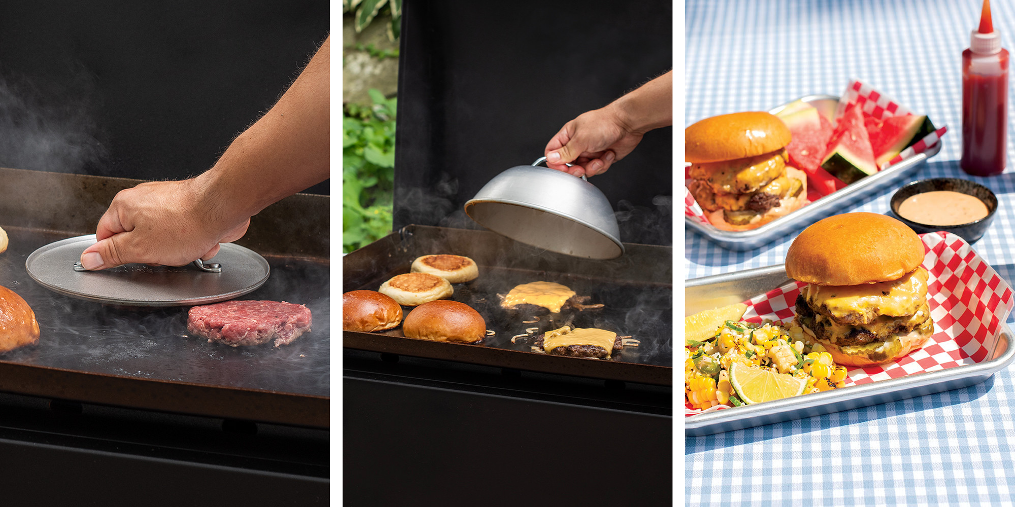 Three images of the Nordic Ware Grilling Burger Set including a Cheese Melting Dome melting cheese on a burger, versatile Burger Trays with assembled burgers, and a Weighted Grill Press pressing beef into a smash burger.