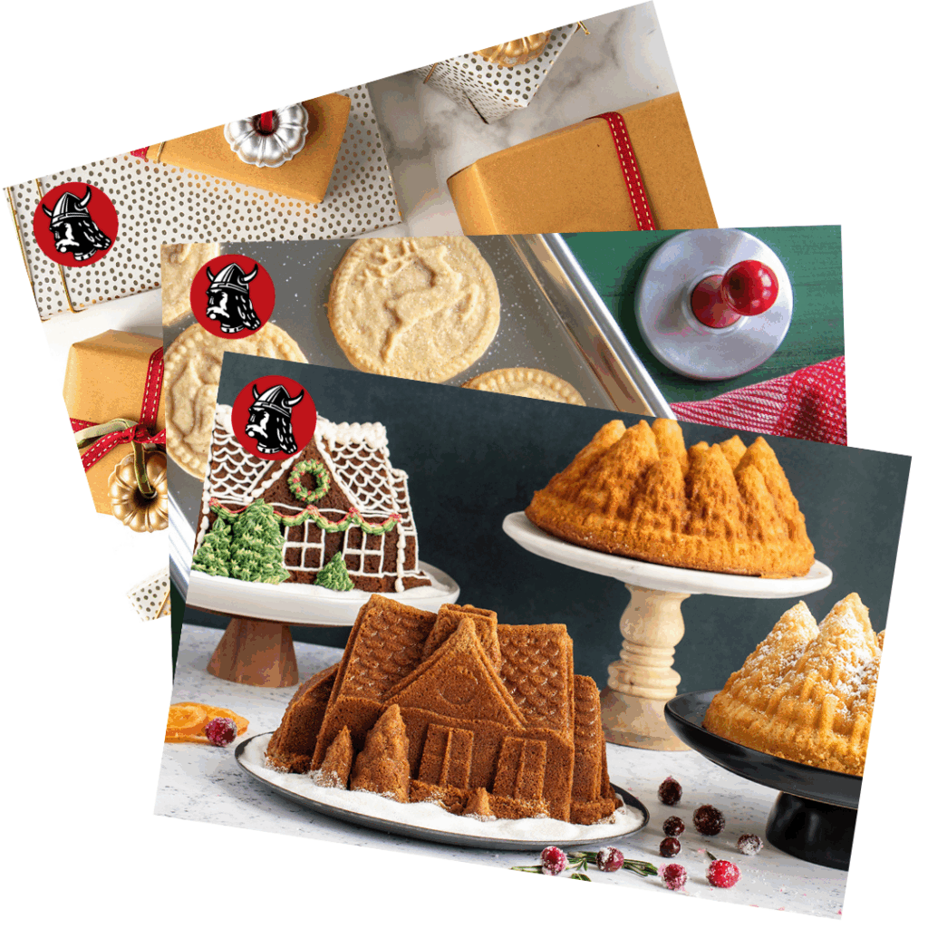 Three Nordic Ware gift cards featuring holiday bakeware images stacked on top of one another.